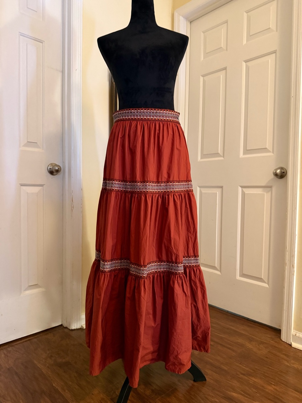 A Loves A 3 Tiered Boho Maxi Skirt Rust Orange Embroidered Festival Cottagecore - Picture 2 of 8